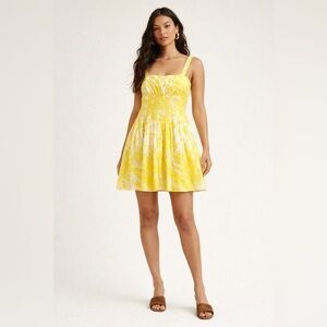 Lemon yellow & white abstract print Suzi Chin for Maggie London mini dress. Sz 8